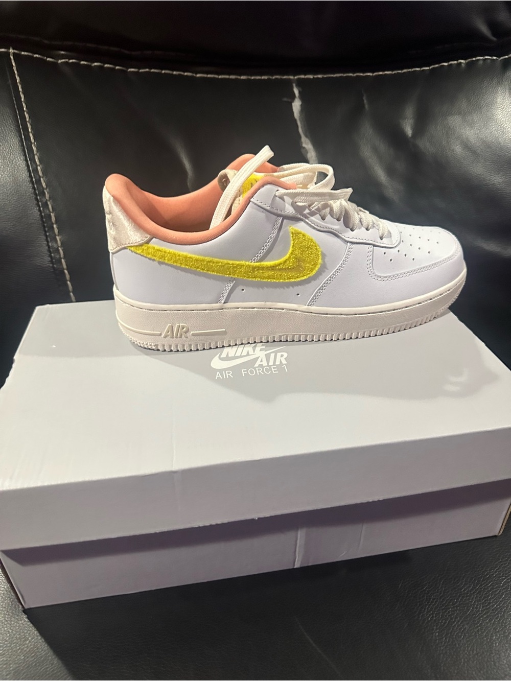 Nike Air Force 1 Low White with Yellow Swoosh and Peach Lining